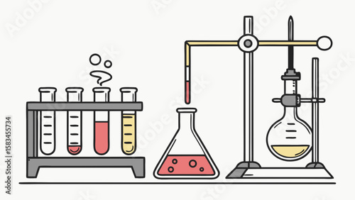 Science lab experiment illustration with test tubes and flasks for chemistry research and analysis