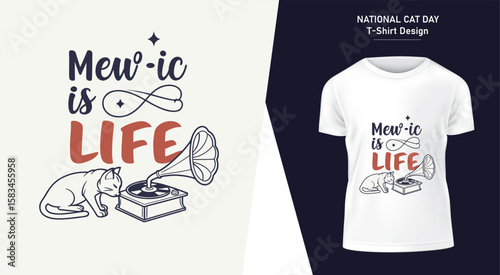 National Cat Day T Shirt Design with a Cat Listening to Music on a Gramophone