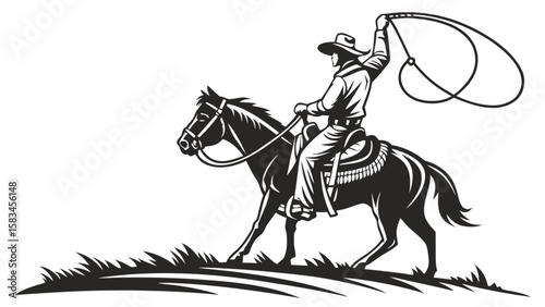 Cowboy riding horse with lasso vector illustration for western theme design and silhouette art design use