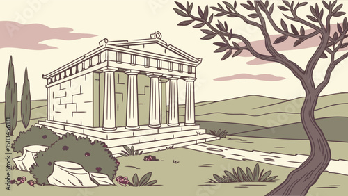 Ancient greek temple parthenon ruins drawing vector illustration landscape architecture design concept