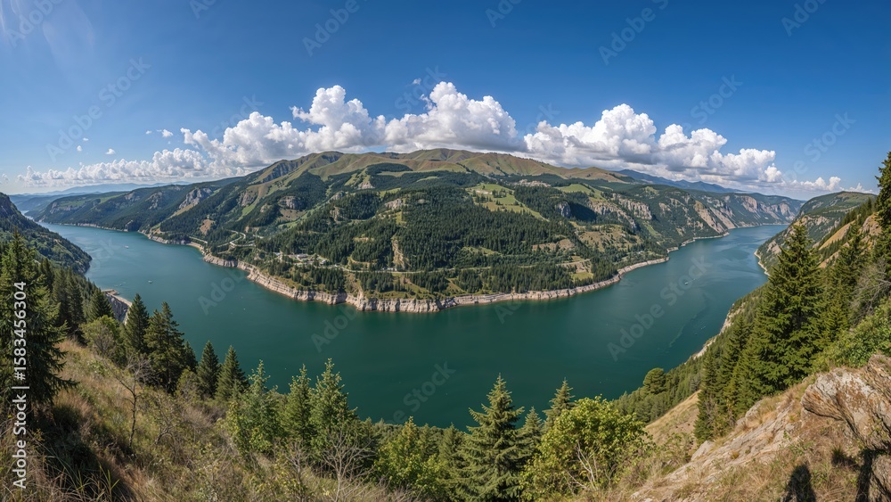 Fototapeta premium Bird's-eye panoramic view captured by drone over a scenic lake