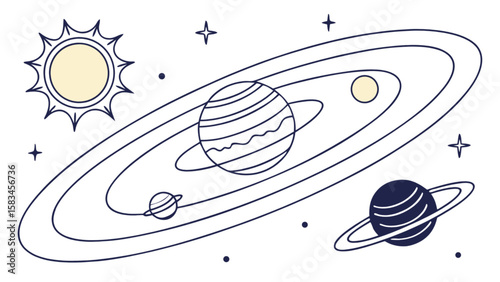 Solar system planets drawing with sun stars and planetary orbits for educational science astronomy projects