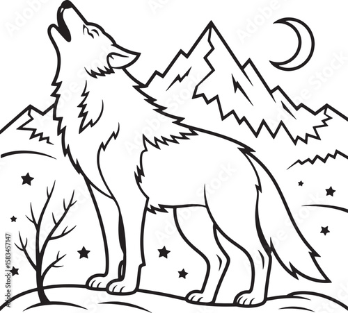 Lone wolf howling at crescent moon amidst snowy mountains and starry night vector