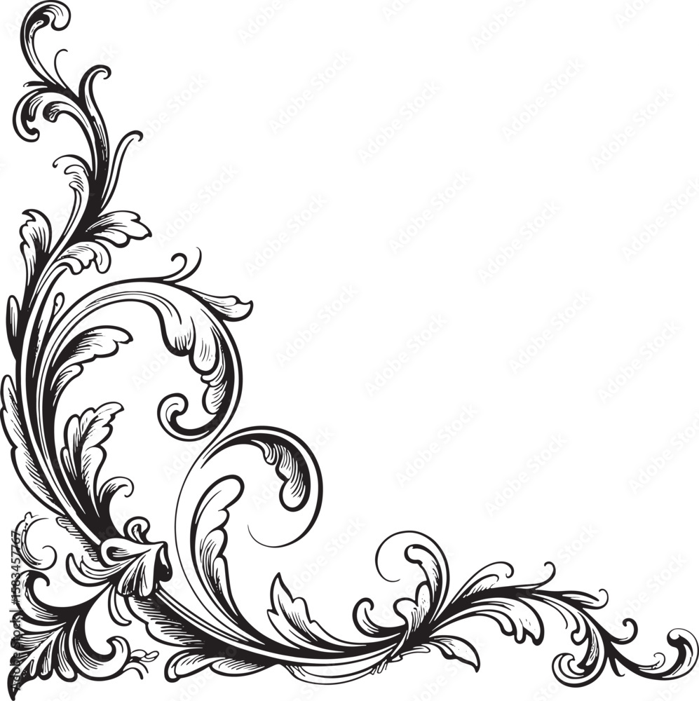 Fototapeta premium Black Floral Border Illustration with Swirling Leaves and Vines