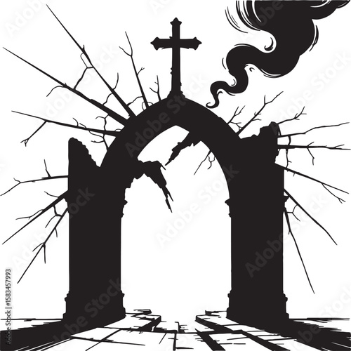 Ruined gothic archway with cross and swirling smoke silhouette ruins