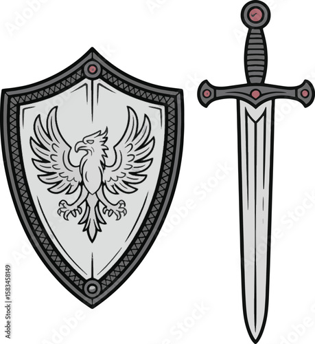 Silver shield with eagle emblem and sword medieval heraldry