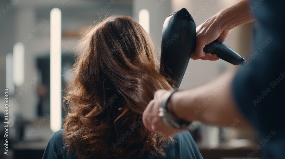Naklejka premium Person receiving professional hair styling treatment in salon, with focus on hair being dried and styled. atmosphere is modern and inviting, showcasing art of hair care and beauty