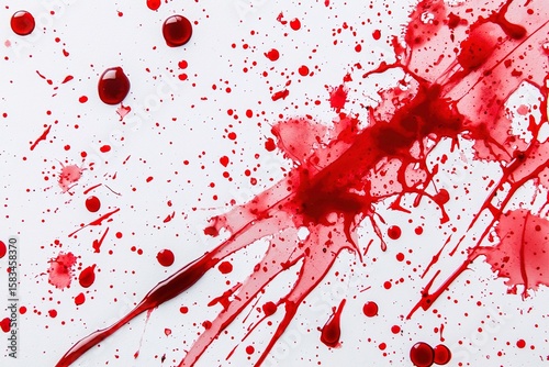 Close-up photo of red splatters on white background, resembling blood or paint droplets, with dramatic and intense atmosphere, perfect for horror, crime or art concepts