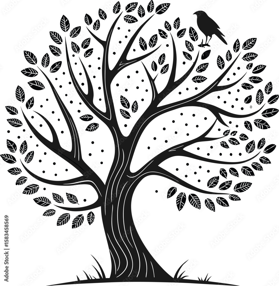 Obraz premium Black and white vector tree silhouette with floral leaf design element for nature pattern illustration