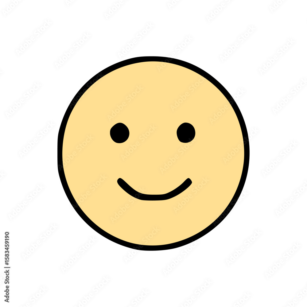 Fototapeta premium Minimalist happy face emoji illustration with yellow circular shape and black outline in hand drawn vector cartoon design