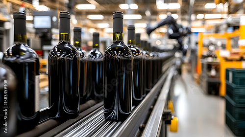 Bottles moving on a conveyor belt.  Automation and streamlined production in a high tech modern winemaking factory. Quality control and inspection.