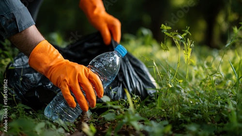 Person Picking Up Plastic Water Bottle Trash in Nature, Wearing Gloves with Black Trash Bag