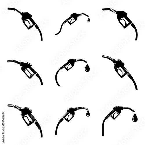 Collection of black and white icons featuring fuel nozzles and dripping fuel
