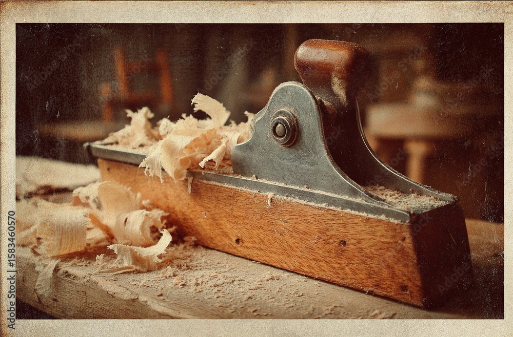 Classic woodworking tool with shavings on a workbench during a crafting session in a rustic workshop environment Classic woodworking tool with shavings on a workbench during a crafting session in a rustic workshop environment