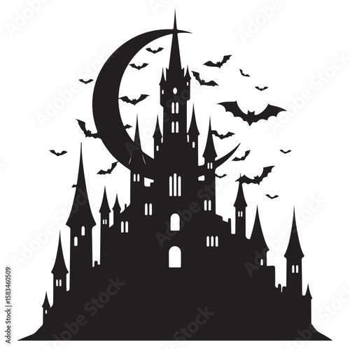 Haunted Castle Silhouette | Gothic Horror Vector in Black. AI generator