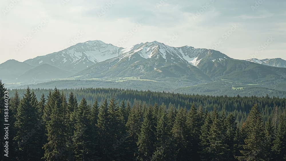 Obraz premium mountainous landscape with snow-capped peaks and dense evergreen forest under a cloudy sky in a national park setting