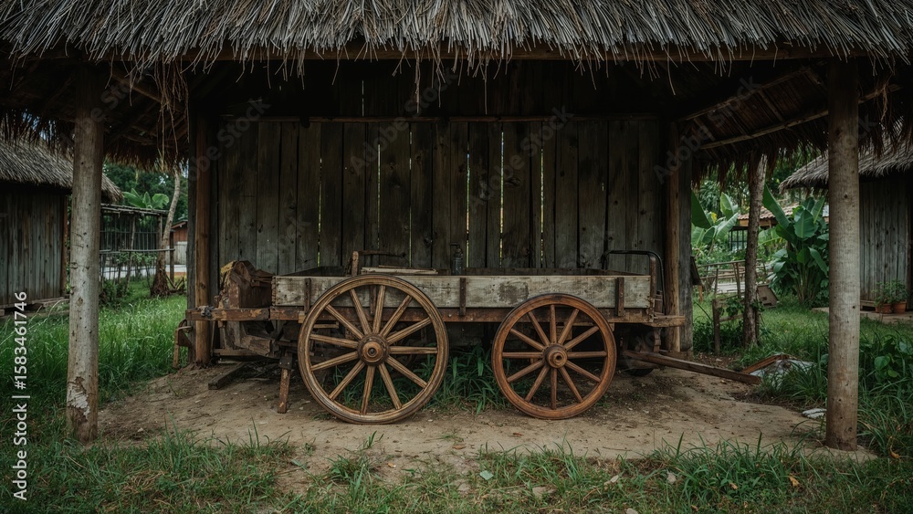 Obraz premium A rustic wooden cart rests inside a straw-roofed barn in a rural area.