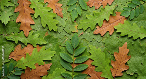 Colorful autumn leaves arranged on green background, showcasing nature's beauty