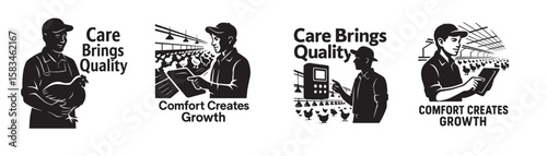 Set of silhouette Broiler Farmer Holding Chicken – Care Brings Quality Vector