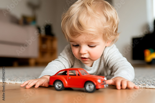 Toddler absorbed in playing with a red toy car on the floor. His curly blonde hair is radiant and his expression is one of focused attention and fun.