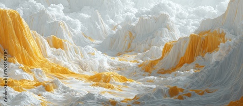 Abstract landscape of sculpted, flowing white and gold mountains