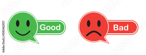 Good and bad feedback emoji icons, Green and red chat bubble style