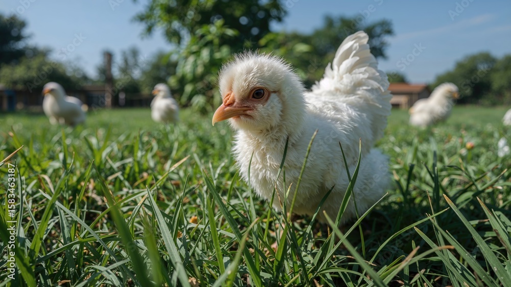 Fototapeta premium A vibrant chicken standing on lush grass in a rural setting under bright sunlight