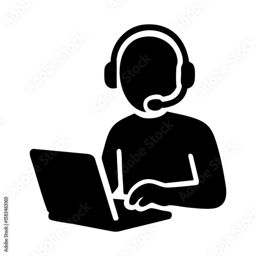Remote customer service support representative using headset and laptop for digital communication
