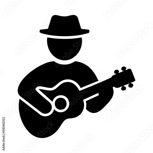 Guitarist icon with hat playing acoustic instrument representing music performance or street artist