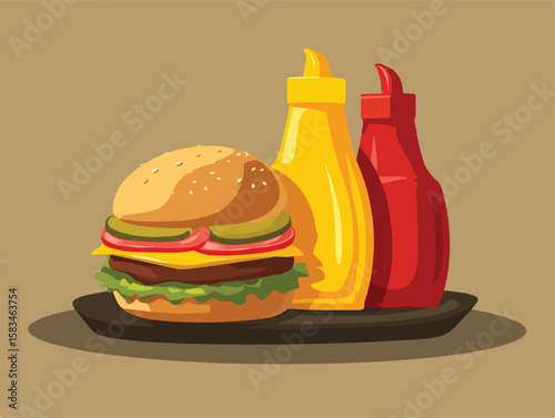 Colorful flat vector design of a delicious burger with sauces, ideal for fast food menus, infographics, and digital culinary content.