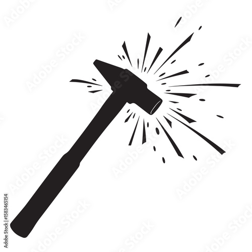 Hammer striking against something causing sparks and impacts in a simple black and white style
