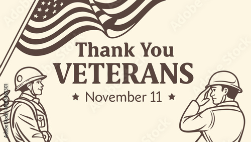 Illustration honoring veterans with soldiers saluting and a waving flag, conveying gratitude on November 11.
