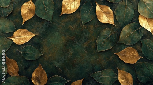 Golden leaves on dark green background