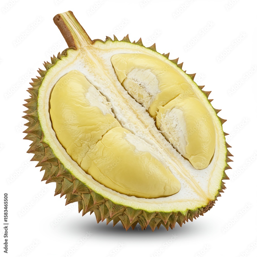 Fototapeta premium Exquisite Durian: A Close-Up of the Creamy Interior, Isolated on White. Best Quality.