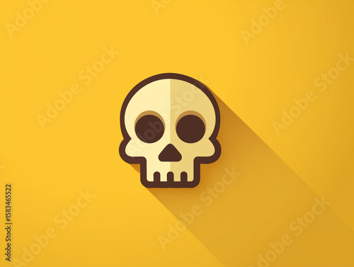 flat skull icon on yellow square with long shadow, vector art