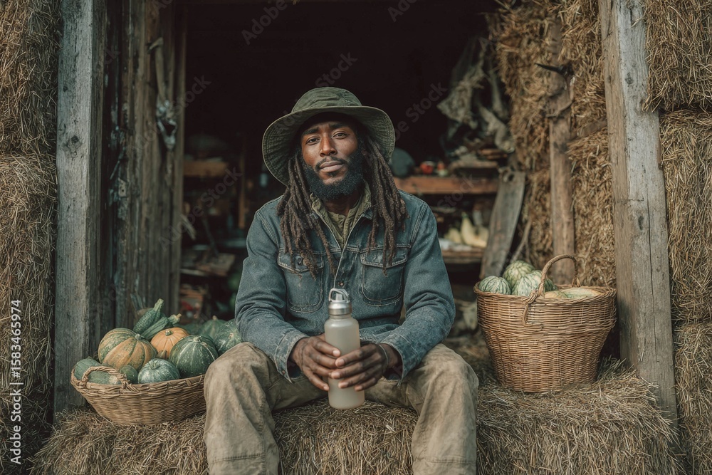 Obraz premium A confident farmer with dreadlocks sits on hay in front of a barn, holding a water bottle with baskets of squash and gourds beside him