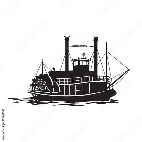 Silhouette illustration of a vintage steam paddle boat navigating the water elegantly and timelessly.
