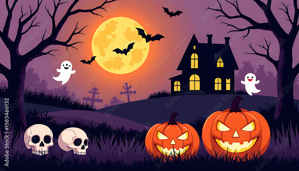 Fototapeta premium Spooky halloween night with haunted house pumpkins ghosts bats and skulls