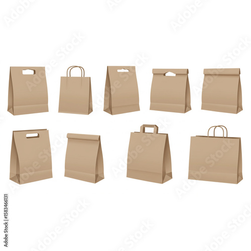 Assorted brown paper bag collection offers versatile designs for branding, retail, and packaging needs, showcasing a range of styles.