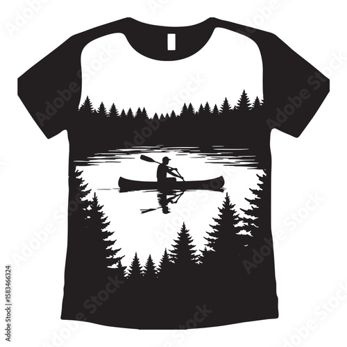 Silhouette of a canoeist paddling on a lake surrounded by pine trees and nature