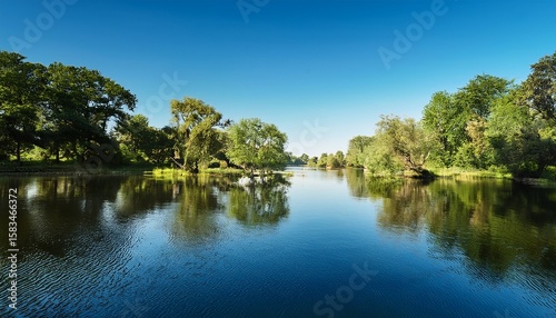 serene landscape featuring lush trees and calm waters under a clear sky