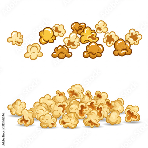 Golden popcorn kernels scattered in delicious piles create a fun, edible graphic, perfect for branding and creative projects related to cinema and food.