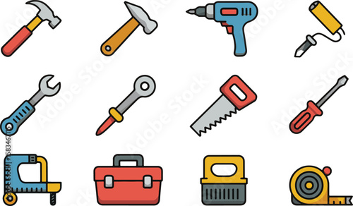 Assorted construction tools and equipment collection hammer claw hammer