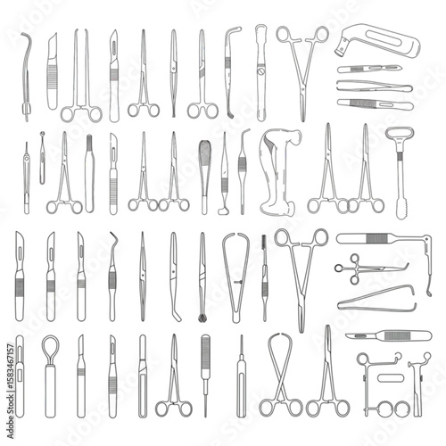 Surgical equipment line art presents a detailed collection of medical instruments in a clean, versatile graphic for healthcare designs.