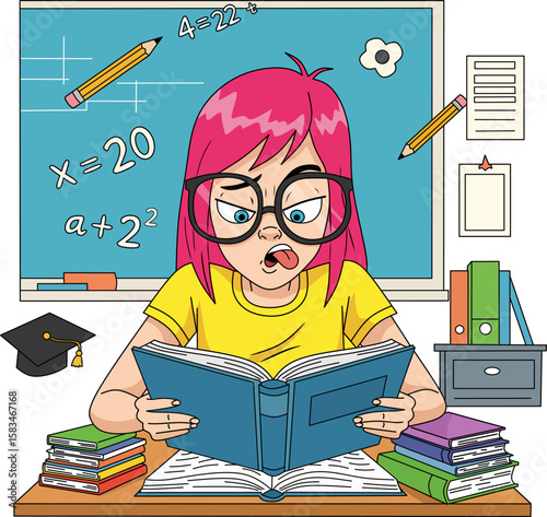 Smiling schoolgirl studying a stack of books in a classroom with other children