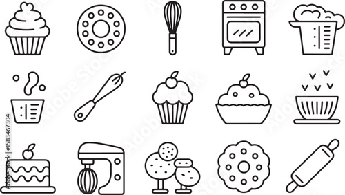 Baking icons cupcake oven whisk measuring cup cake mixer rolling pin vector