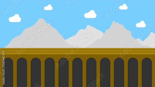 Bullet train travelling in fast smooth motion animation with mountains and clouds in the background