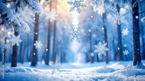 Winter Wonderland: A serene forest landscape, with towering trees cloaked in a fresh blanket of glistening snow, snowflakes elegantly dancing in the crisp air, a sunlit ambiance.