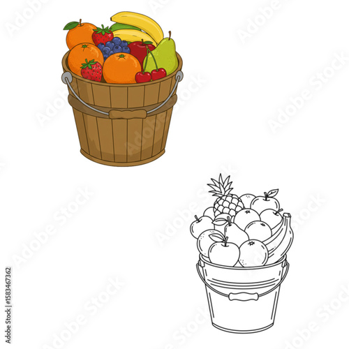 Fresh fruit bounty fills a bucket, an appealing graphic ready for market displays or healthy eating promotions, suitable for scalable use.