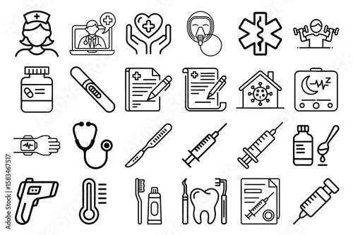 A collection of medical and healthcare icons in a clean modern outline style featuring various symbols and equipment silhouette